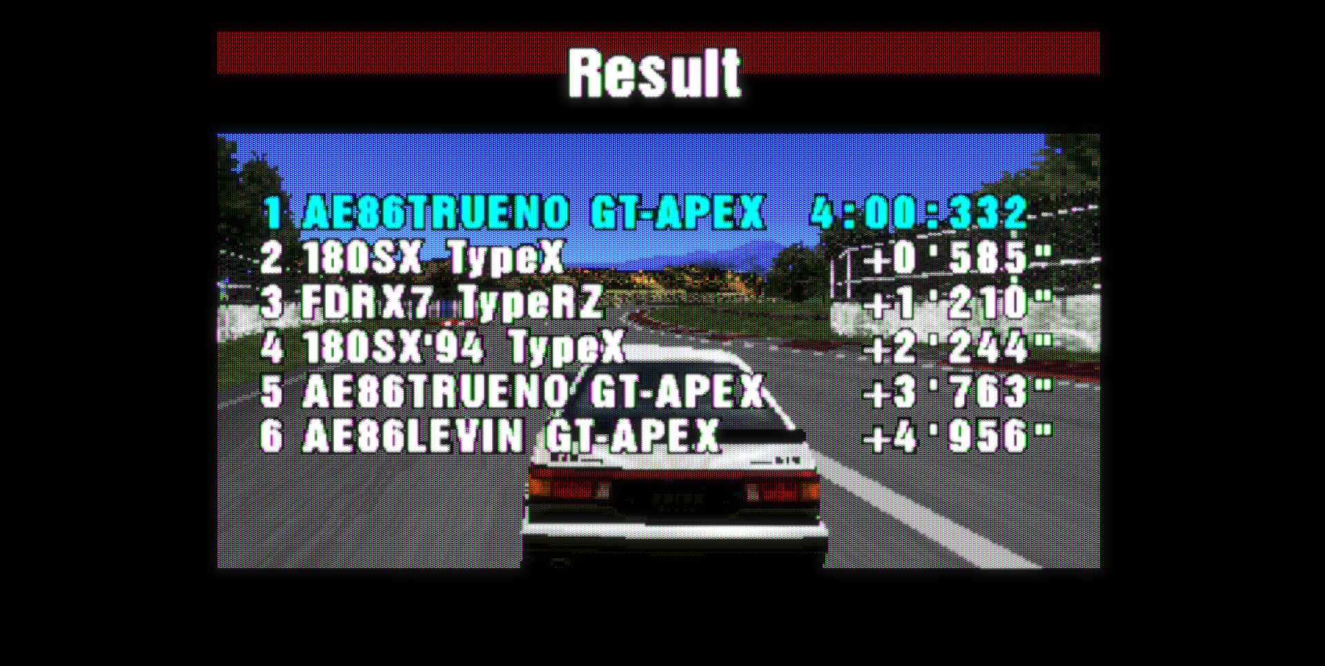 Race result: 1) Toyota Sprinter Trueno 2) Nissan 180SX 3) Mazda RX-7 4) Nissan 180SX 5) Toyota Sprinter Trueno 6) Toyota Corolla Levin