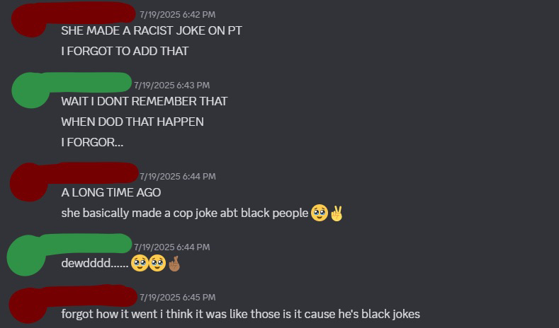 chem recalling the time she made a racist/black centered joke on ponytown. right in front of me no less, making a joke like "is it because he's black?"