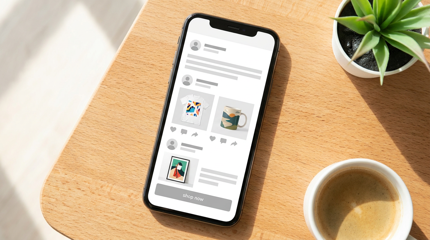 Social media feed mockup showcasing AI-generated designs on products, illustrating effective marketing for AI-powered print-on-demand.