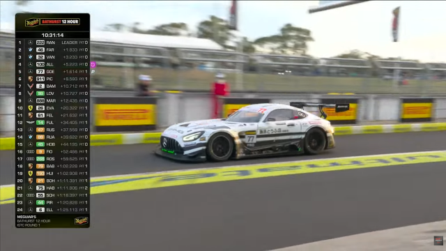 A Mercedes AMG GT3 driving through the pit lane at the Mount Panorama Circuit, with a livery similar to Takumi's AE86 from Initial D