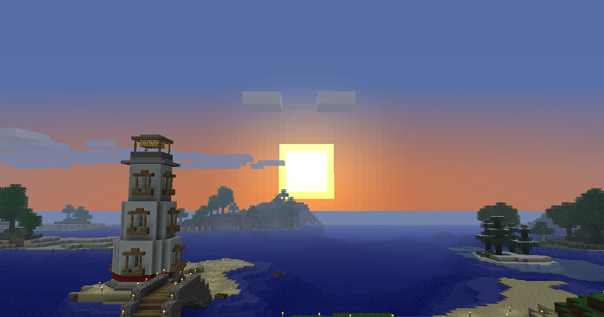 Screenshot of a sunset in Minecraft. A bridge leading to a lighthouse on an island can be seen.