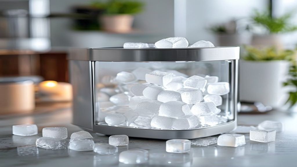 Clean cubelet ice maker bin with fresh soft ice ready to serve