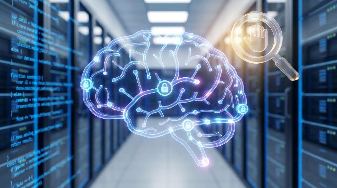 AI neural network with glowing checkpoints and a human hand overseeing, symbolizing configurable checkpoints for AI automation reliability.