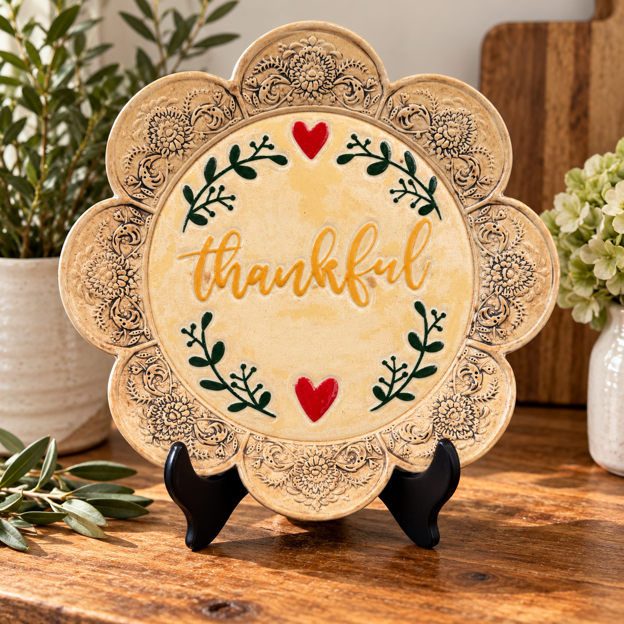 Hand-built tray with hand-painted details and a thankful message.