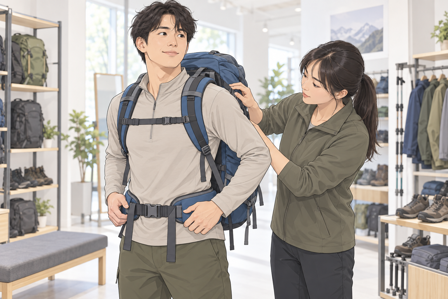 조절 후 어깨 뒤 맞음새와 가슴끈·허리벨트 상태를 살피는 설명 삽화