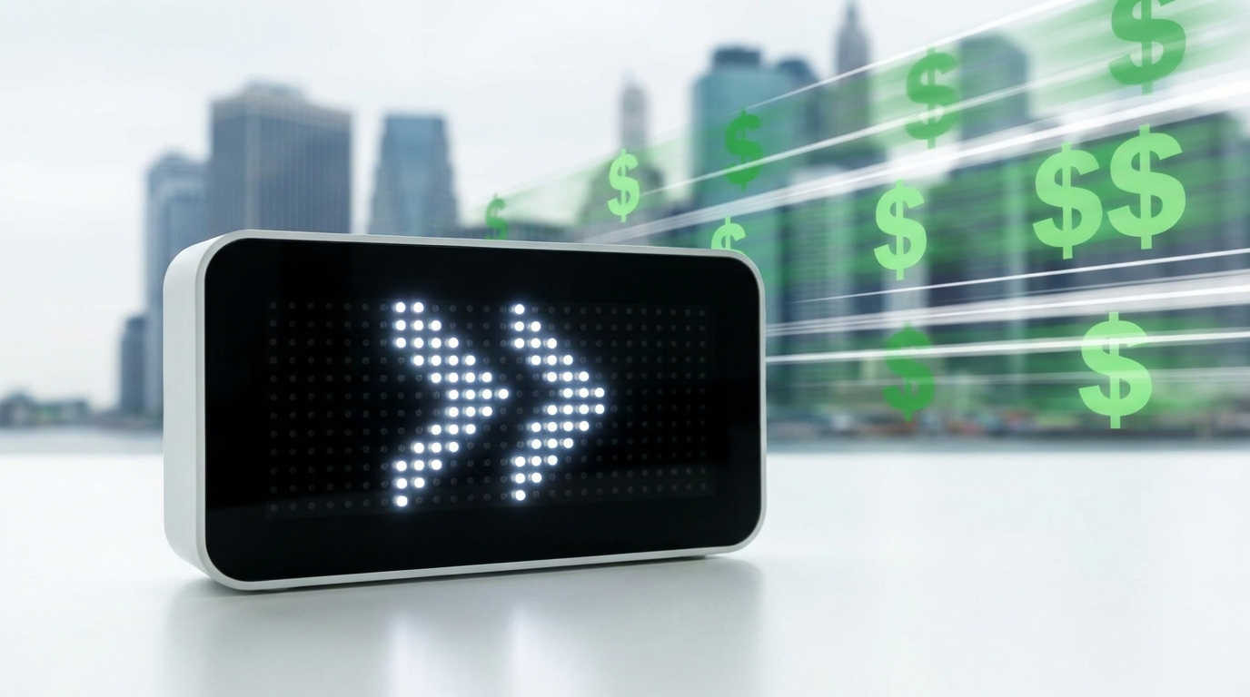 Digital clock with fast-forward icon, symbolizing Claude Opus 4.8's 2.5x faster and 3x cheaper fast mode.