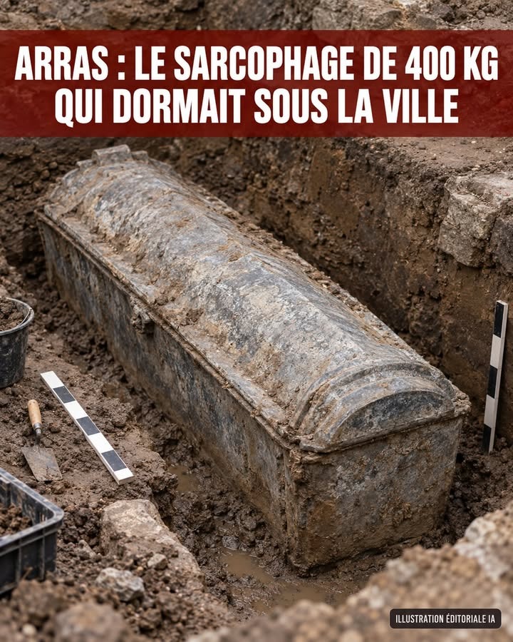 Un sarcophage en pierre recouvert de boue repose dans une tranchée d'excavation, entouré de terre, d'un mètre à ruban et d'outils.