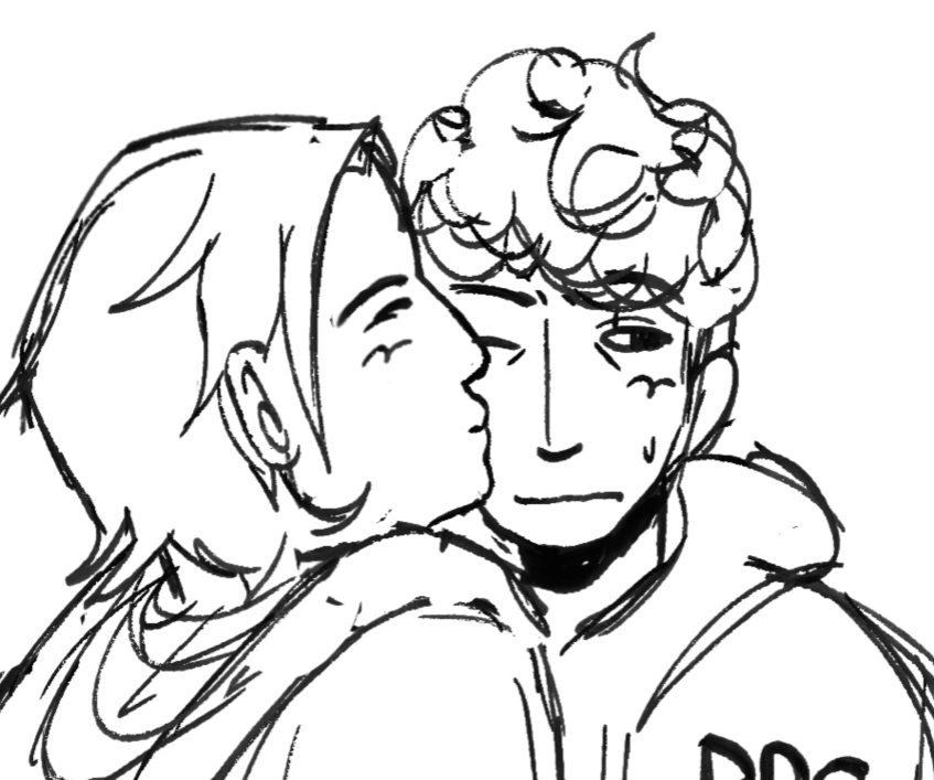 A colorless drawing of Jonah kissing Adam on the cheek.
