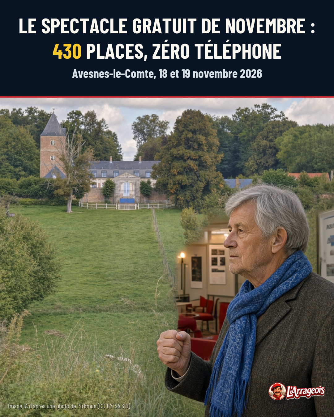 Un homme âgé au profil, portant un écharpe bleue, regarde un domaine avec une grande pelouse et un bâtiment historique au loin.