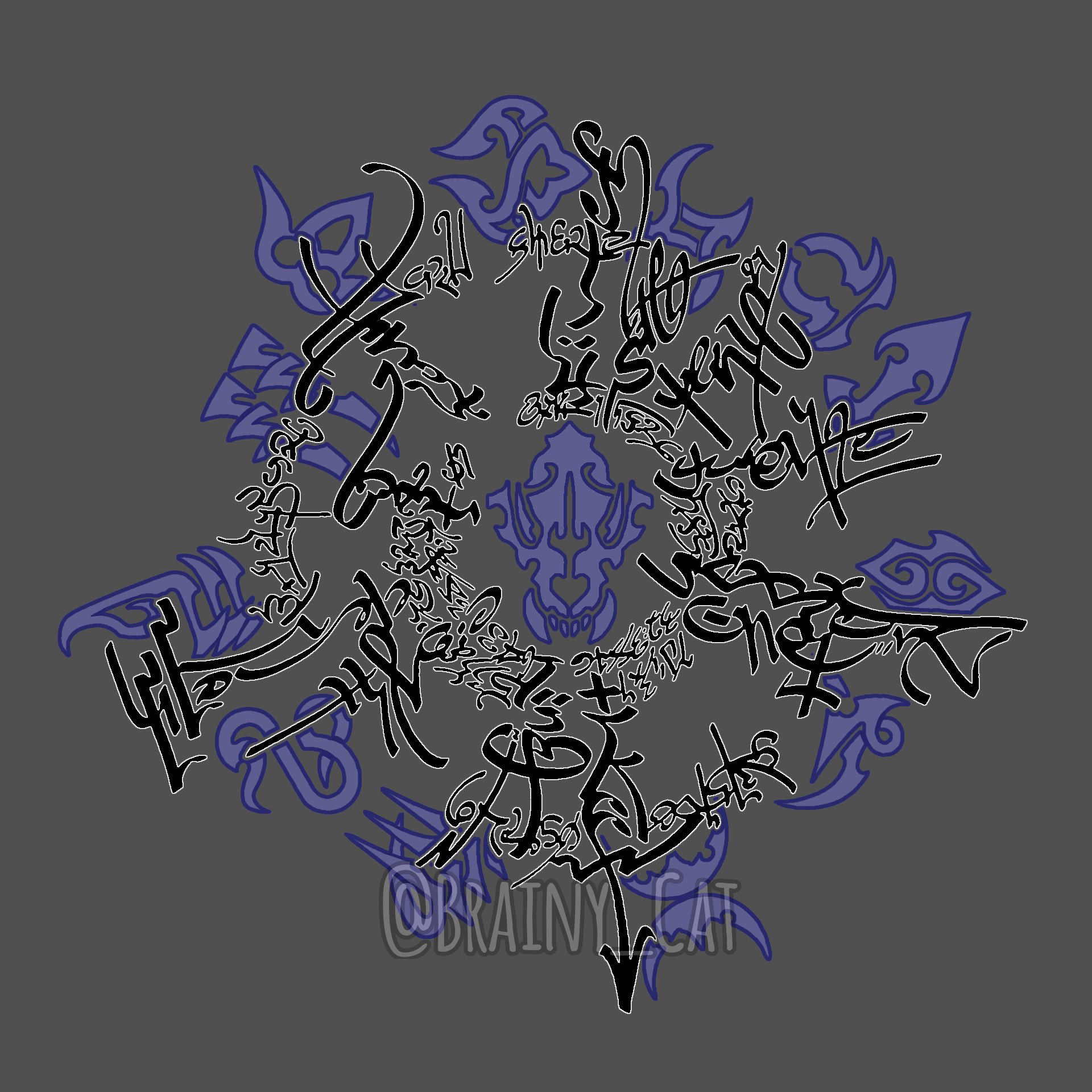 A recreation of Minamimoto's Taboo refinery sigil from TWEWY by twitter user @BRAINY_CAT. It appears as described in the text.