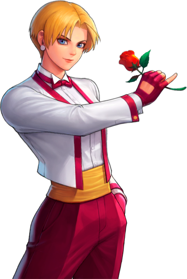 King from the King of Fighters, also a woman with short blonde hair wearing a white tuxedo jacket.