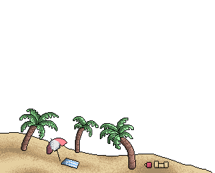 Transparent pixel art of a little sand dune with palm trees on it, you can see an umbrella with a towel, and a little sandcastle with a pail next to on it on the sand dune as if someone was playing on the sand dune recently despite there being no people in the picture.