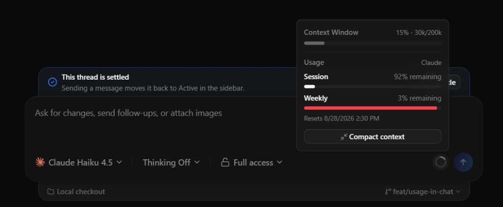 Session and weekly usage in the context-window hover