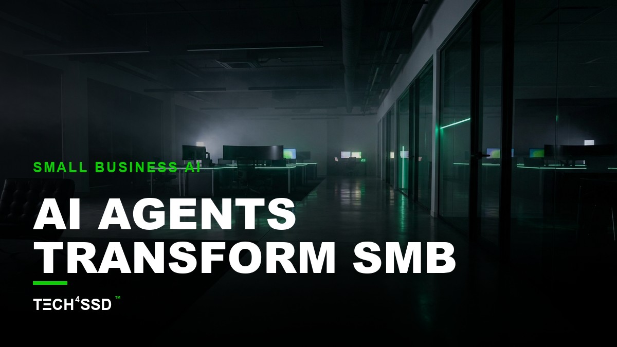 futuristic small business office with glowing AI interface and people collaborating, AI Agents for Small Business