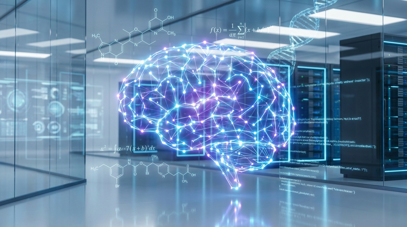 Digital representation of a brain with scientific and code elements showing AI processing complex information, illustrating Deep Think mode.
