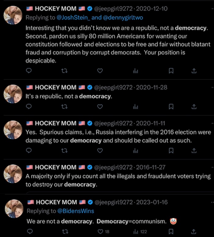 tweets from "hockeymom" about how russian disinformation and illegals were destroying "our democracy," but we are a republic, not a democracy and democracy = communism