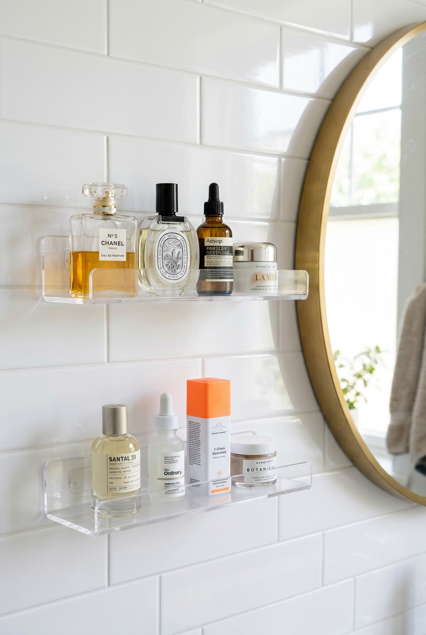 Clear acrylic floating shelves mounted on white tile beside bathroom mirror