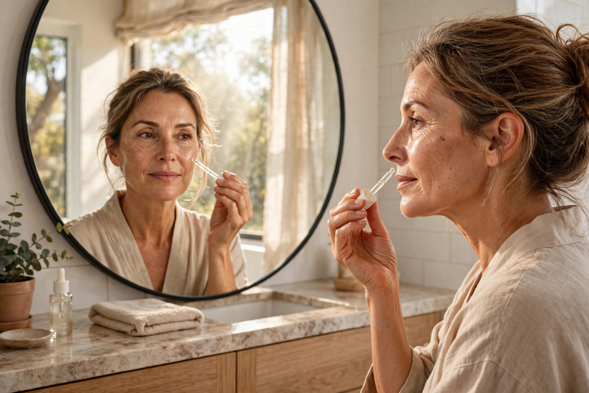 Woman in her 40s applying Synevra UltraLift serum in a bright bathroom
