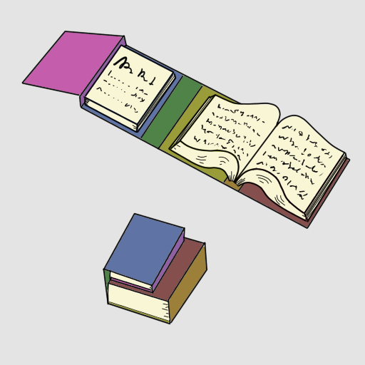 Side-bound triptych with each section of the cover color-coded to illustrate how it folds shut