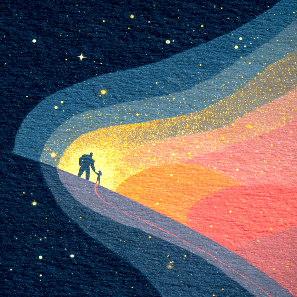 night painting, titan guiding child