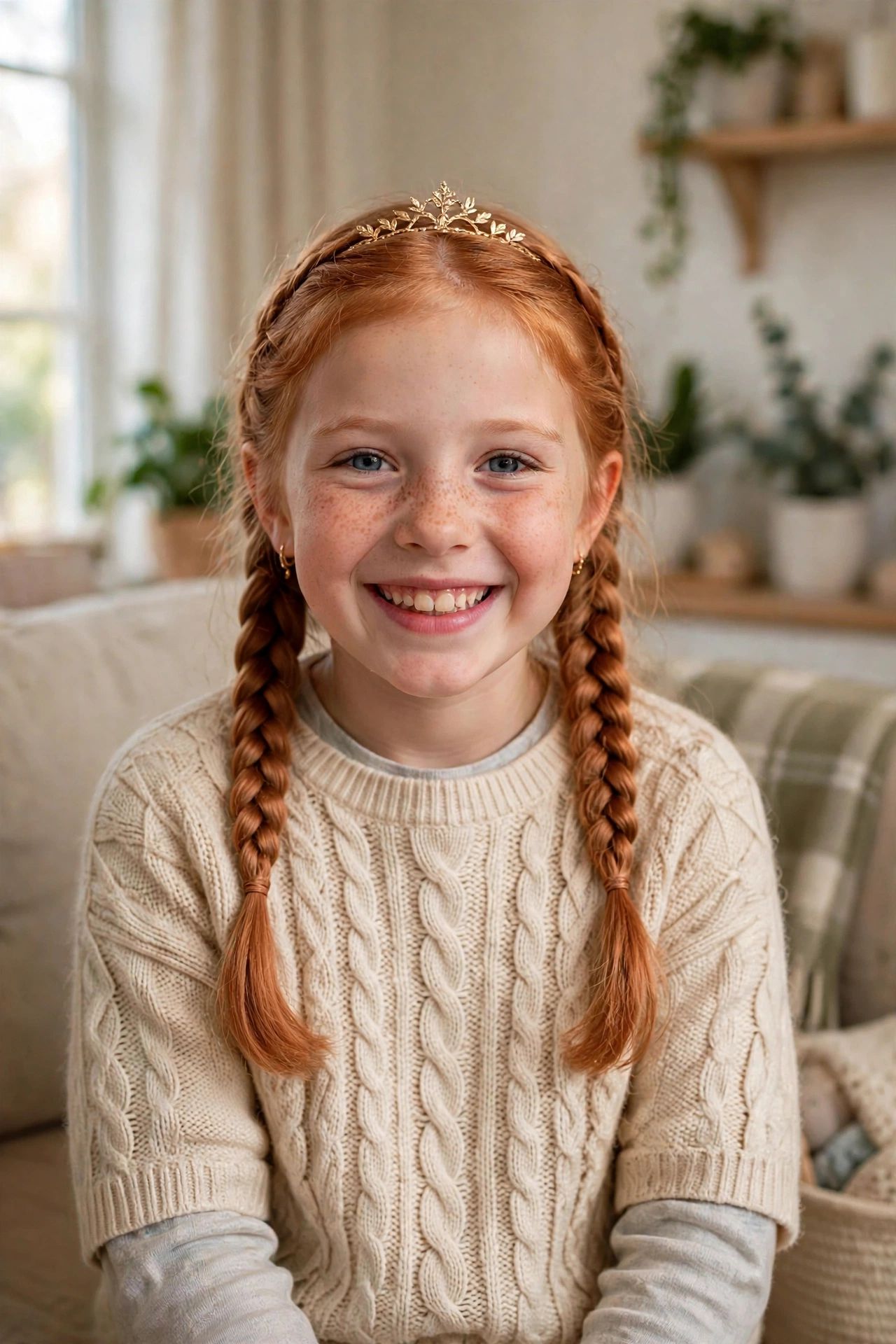 Smiling strawberry-blonde girl wearing a gold tiara