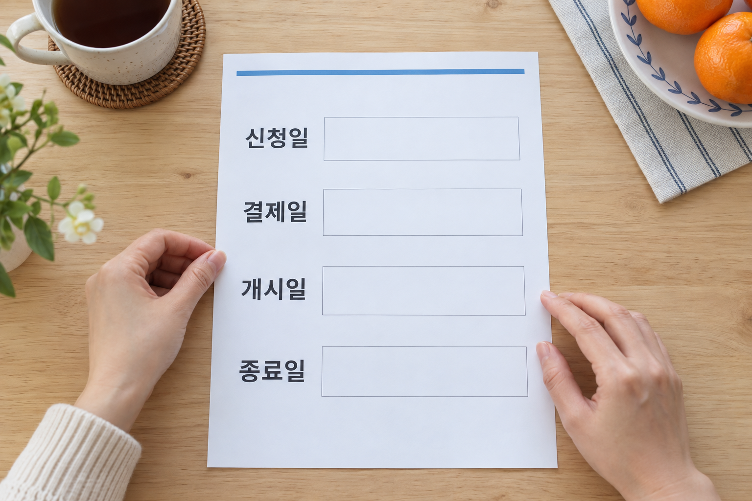 신청일·결제일·전송 개시일·종료일을 구분해 기록하는 설명 장면