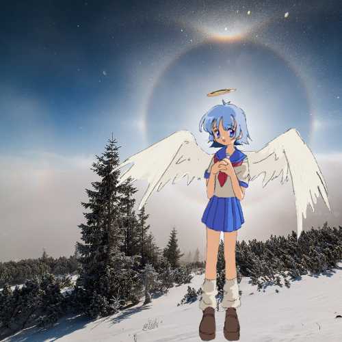 Angel anime schoolgirl standing on the top of a mountain, with a ring of hazy halo light above her