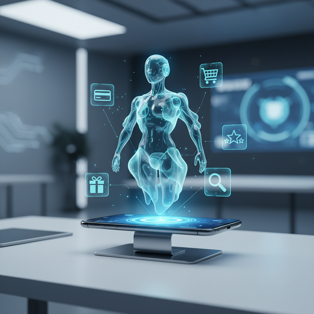 AI assistent hologram met e-commerce shopping iconen