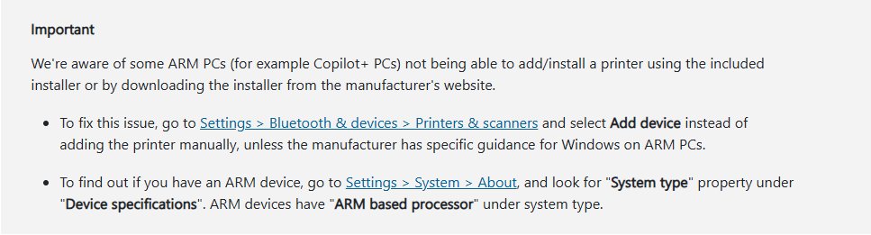 Microsoft가 안내하는 ARM 프린터 장치 추가 경로와 제조사 지침 우선 조건