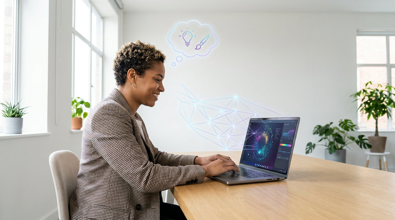 A person confidently using AI tools, symbolizing how Anthropic and OpenAI's advancements empower individual creators and small business owners.