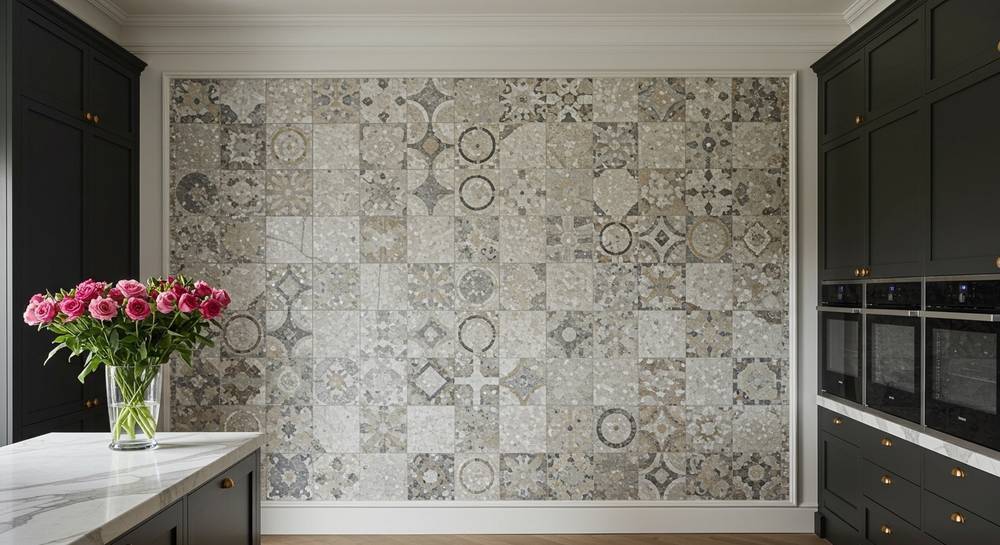 Contemporary kitchen with a mosaic wall panel, embodying Renaissance symmetry, offering aesthetic help for luxurious mosaic design.
