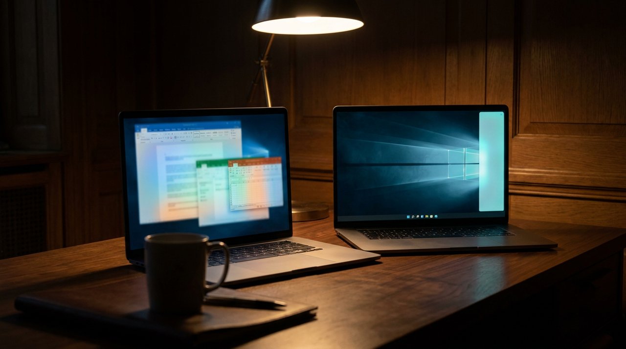 Two laptops showing Office docs vs Windows desktop with docked Copilot sidebar