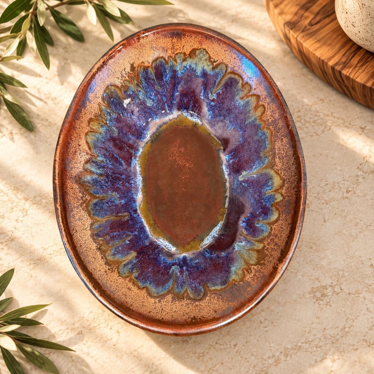 Oval hand-built dish in a reactive glaze with copper, purple and deep brown tones