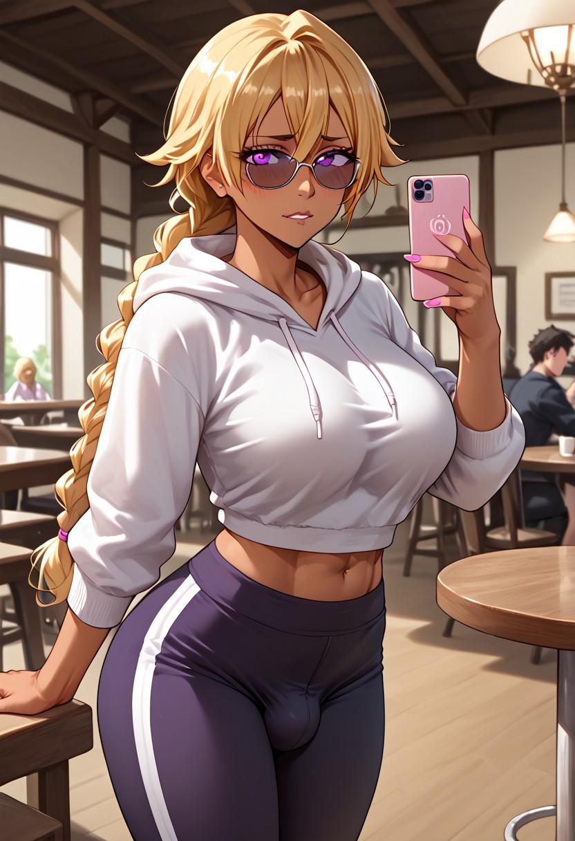 Miiko is wearing sneakers, yoga pants that fit her like a dream, an oversized anime tee peeking out from under her drab hoodie, sunglasses