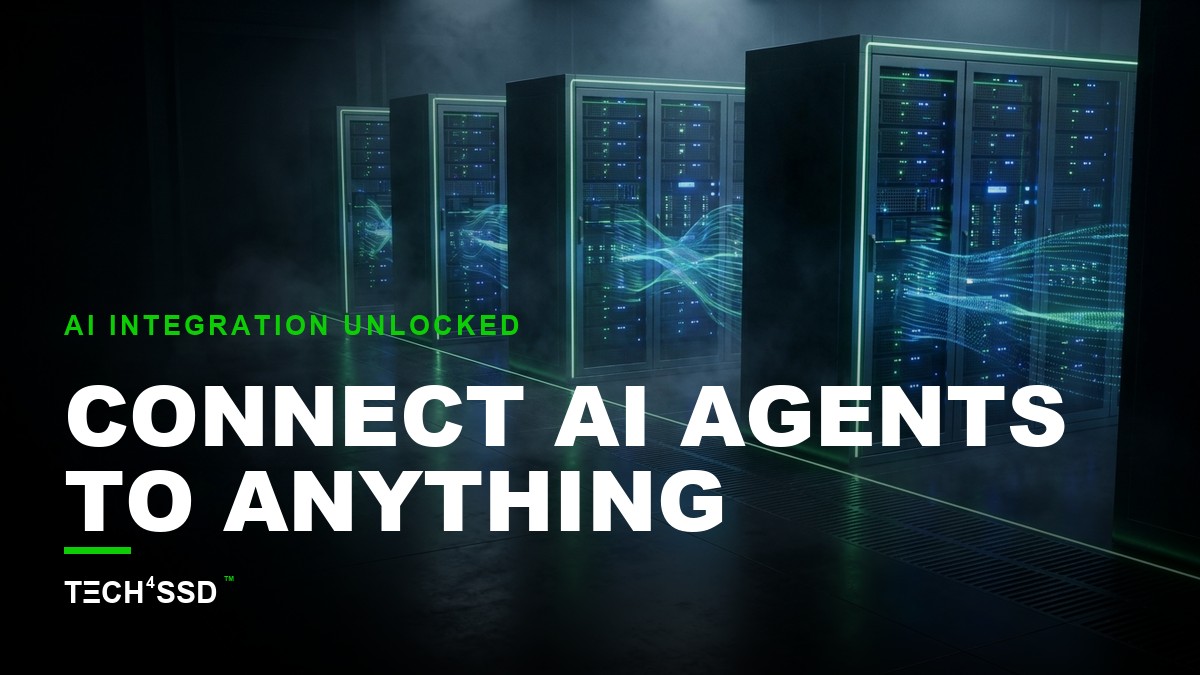 Futuristic network hub with glowing lines connecting a central AI brain to various SaaS logos, representing open-source connectors for AI agents.