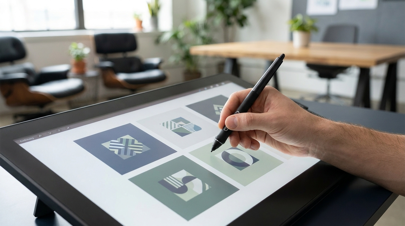 A digital artist reviewing multiple on-brand graphics generated by Nano Banana 2 Lite, demonstrating consistency.