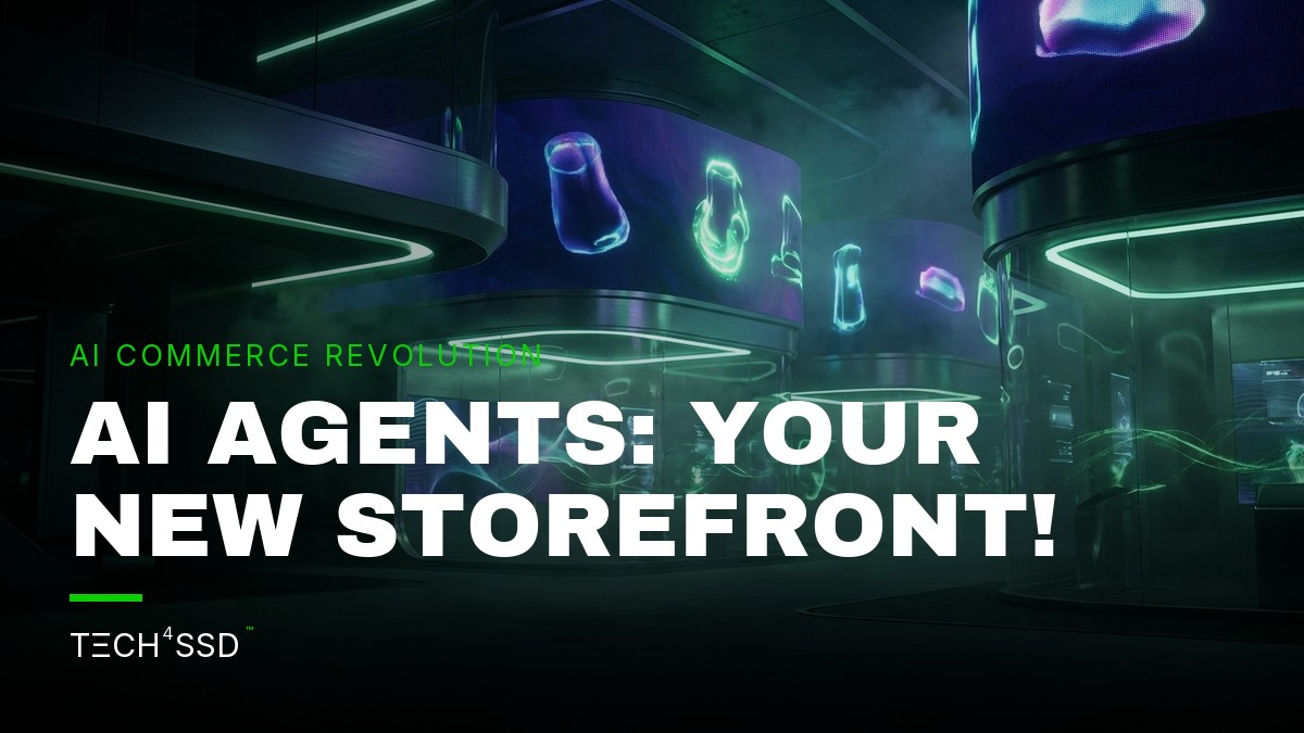 A futuristic digital storefront powered by OpenAI's agentic commerce, with products displayed in a holographic interface.