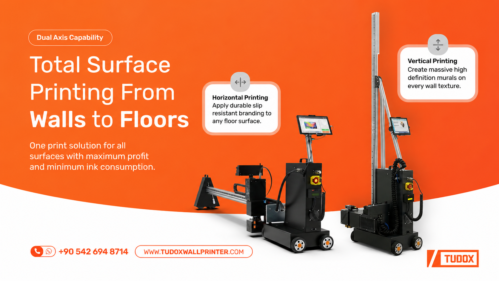 Two Tudox UV wall printers, one configured with a horizontal floor-printing rail and one on a vertical mast.