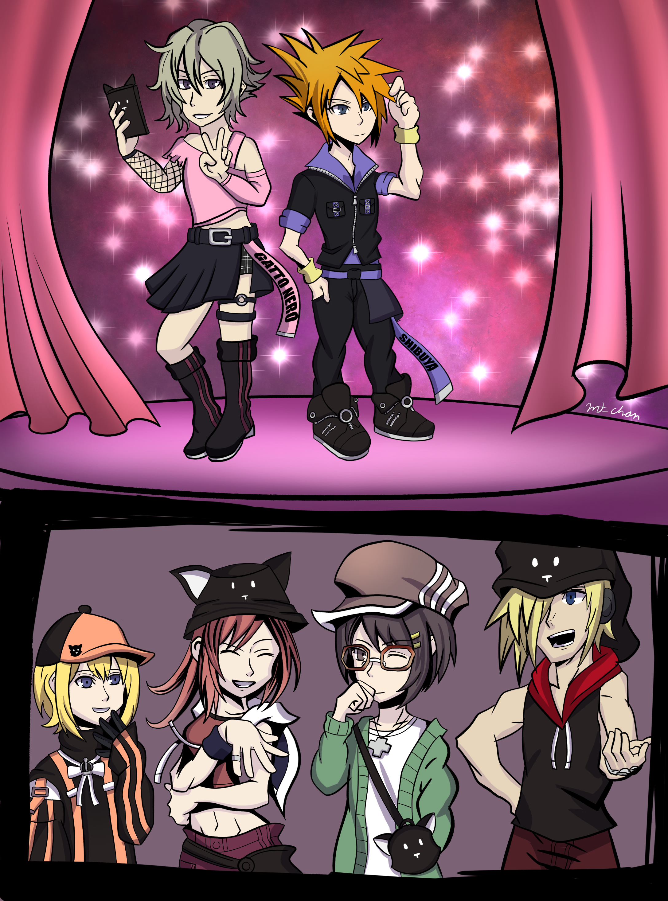 Art of Joshua and Neku posing on a catwalk in Gatto Nero outfits. Rhyme, Shiki, Eri, and Beat, also dressed in Gatto Nero, are cheering them on.