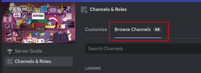 A screenshot of the PaperMC discord server, showing a red box around a tab that says 'Browse Channels: 64'