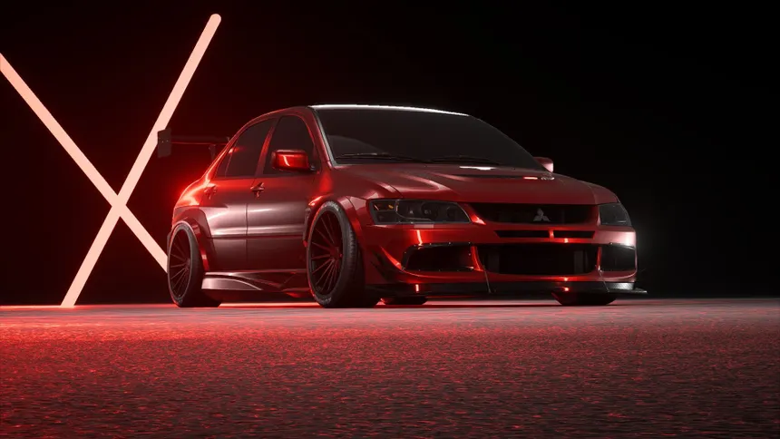 Red and black Mitsubishi Lancer Evo