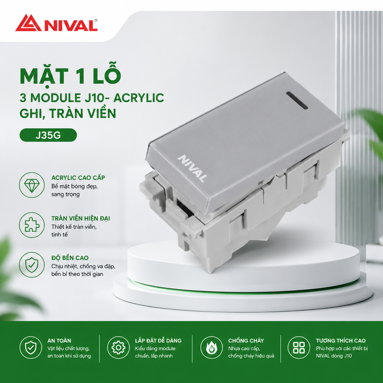 Mặt 1 lỗ /3 module J10- ACRYLIC ghi, tràn viền