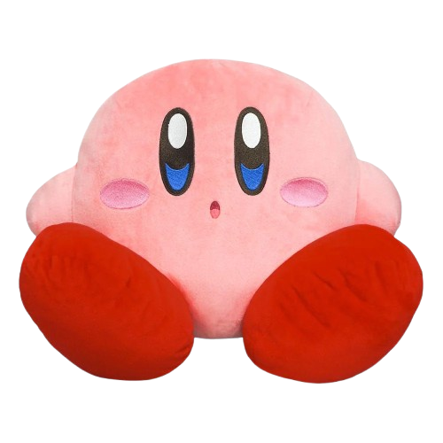 kirby, a little round pink creature with big blue eyes, little pink blush and red feet