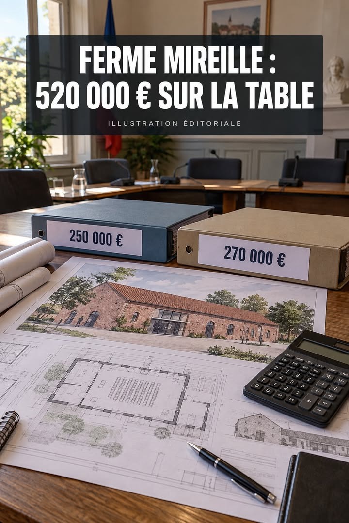 Deux classeurs avec des étiquettes de montants, un plan architectural et une photo d'un bâtiment en brique sur une table, avec une calculatrice et un stylo.