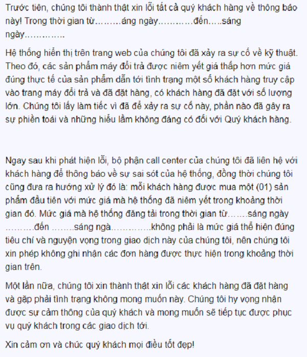thu-phan-hoi-khang-hang-su-co Mẫu thư xin lỗi vì sự cố kỹ thuật