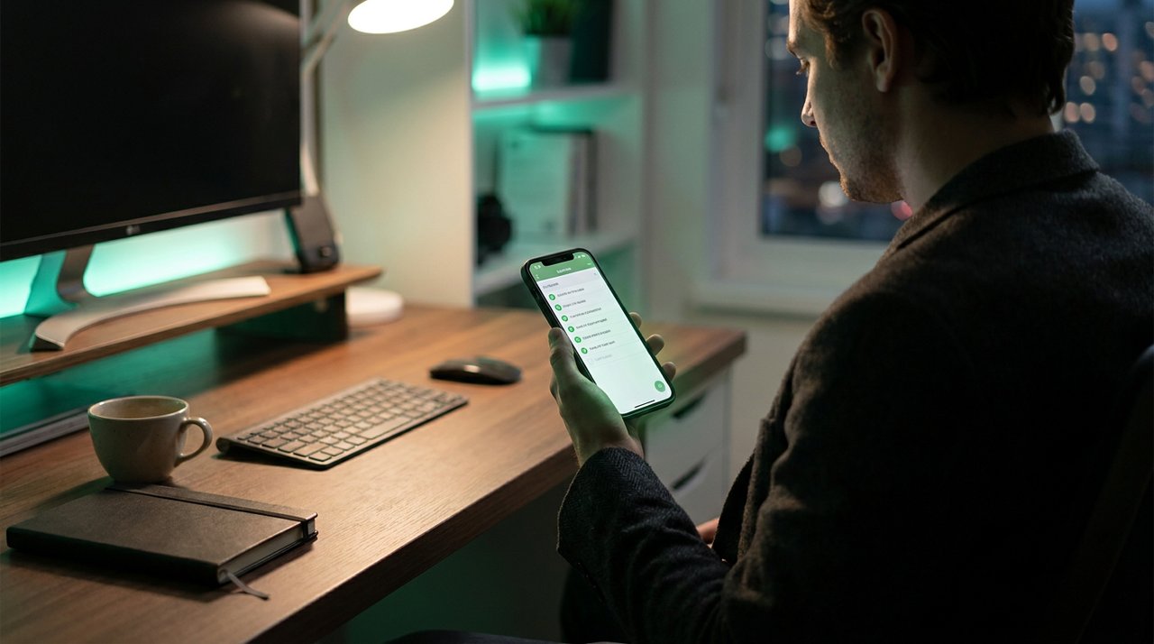 A person checking a phone showing a list of completed tasks with checkmarks