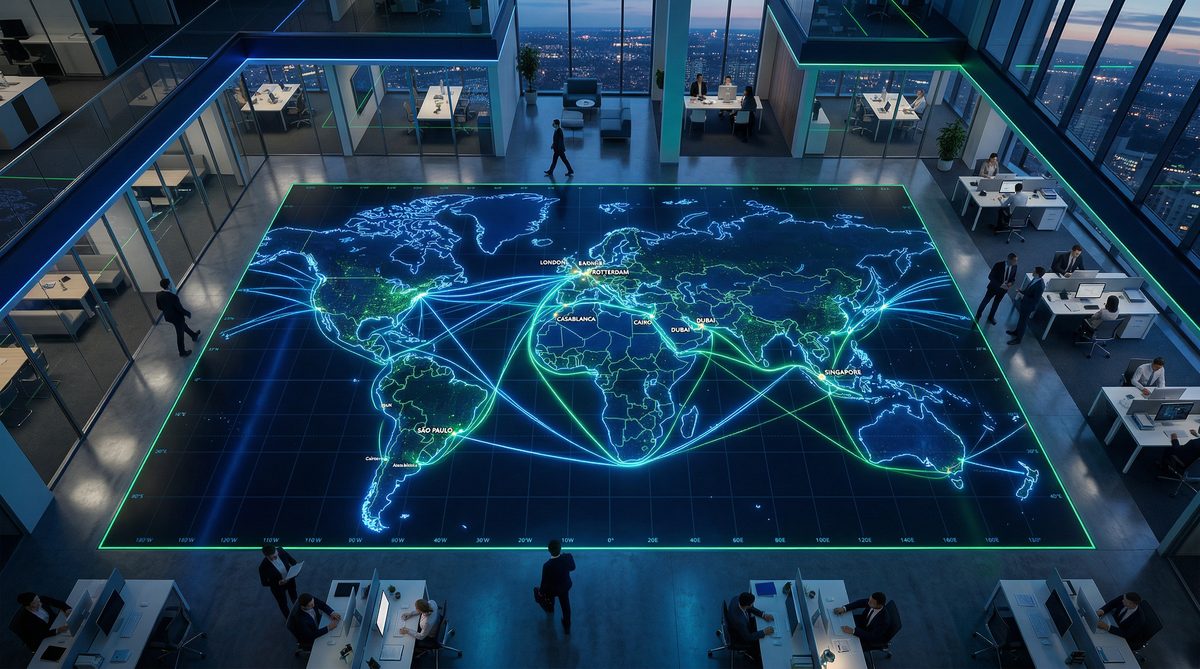 Global trade routes connecting Hanlon's six operating regions