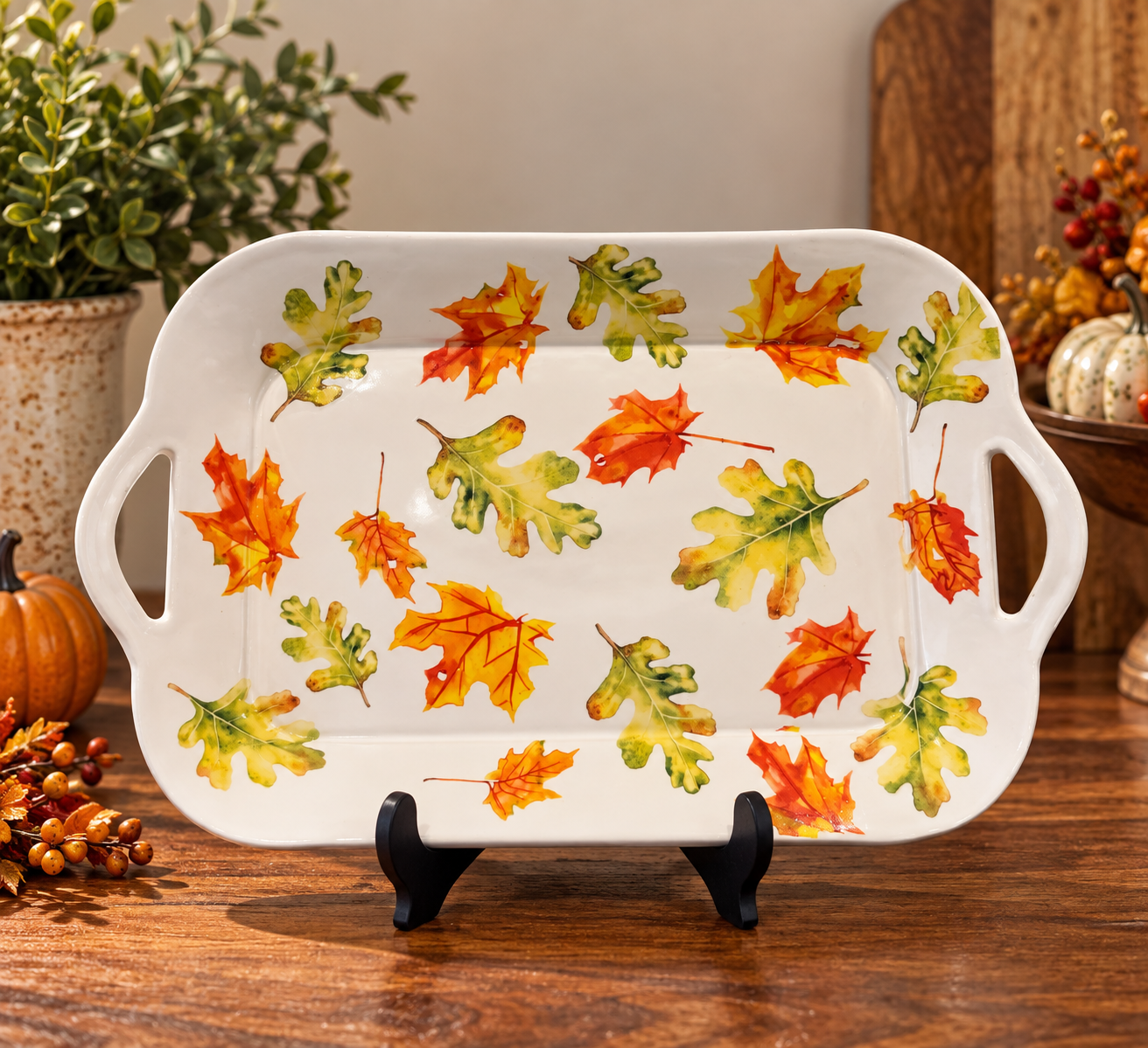 Hand-built tray with hand-painted fall leaf details.