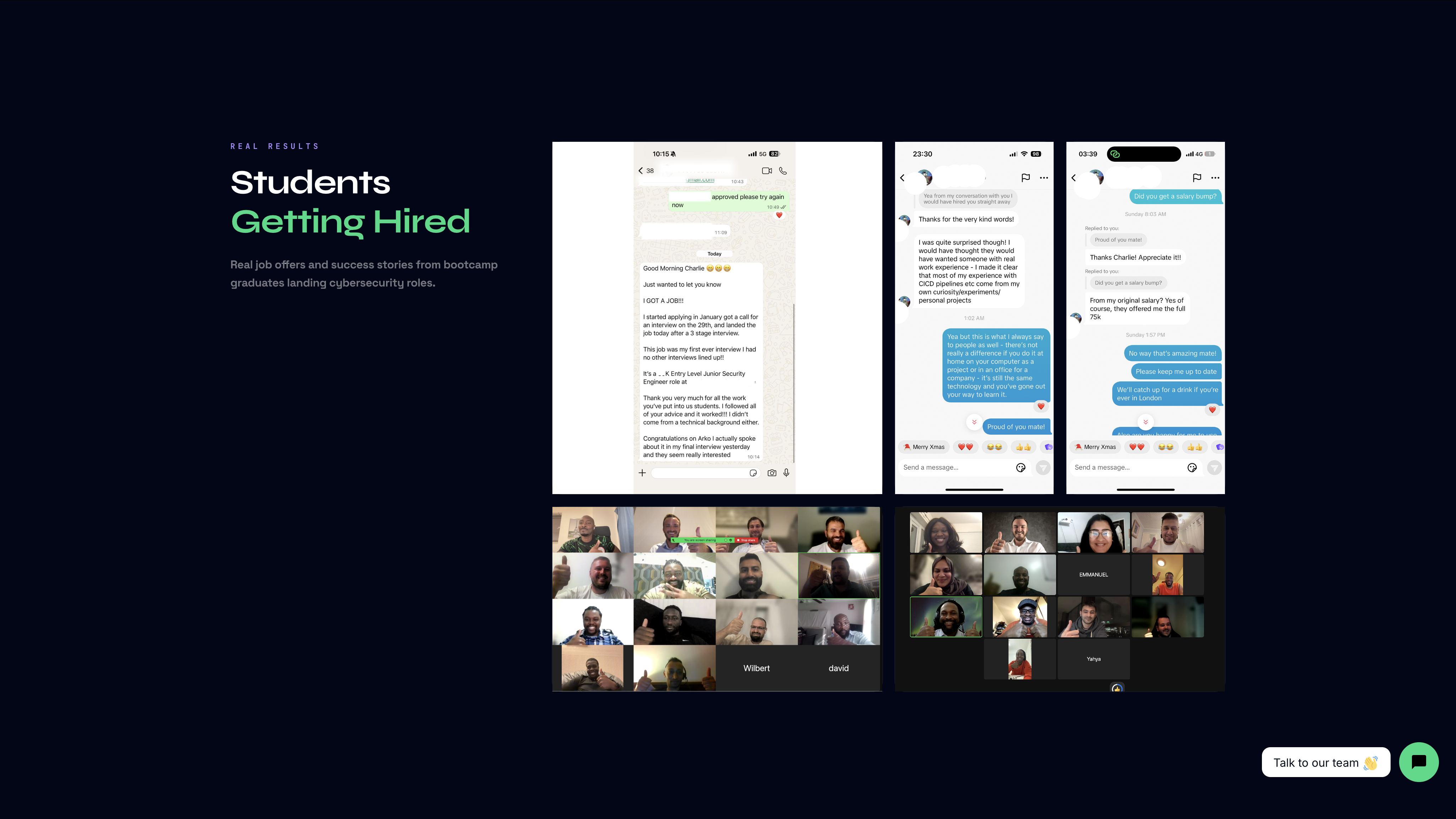 Cyberagoge - real results section, students landing cybersecurity roles with job-offer messages