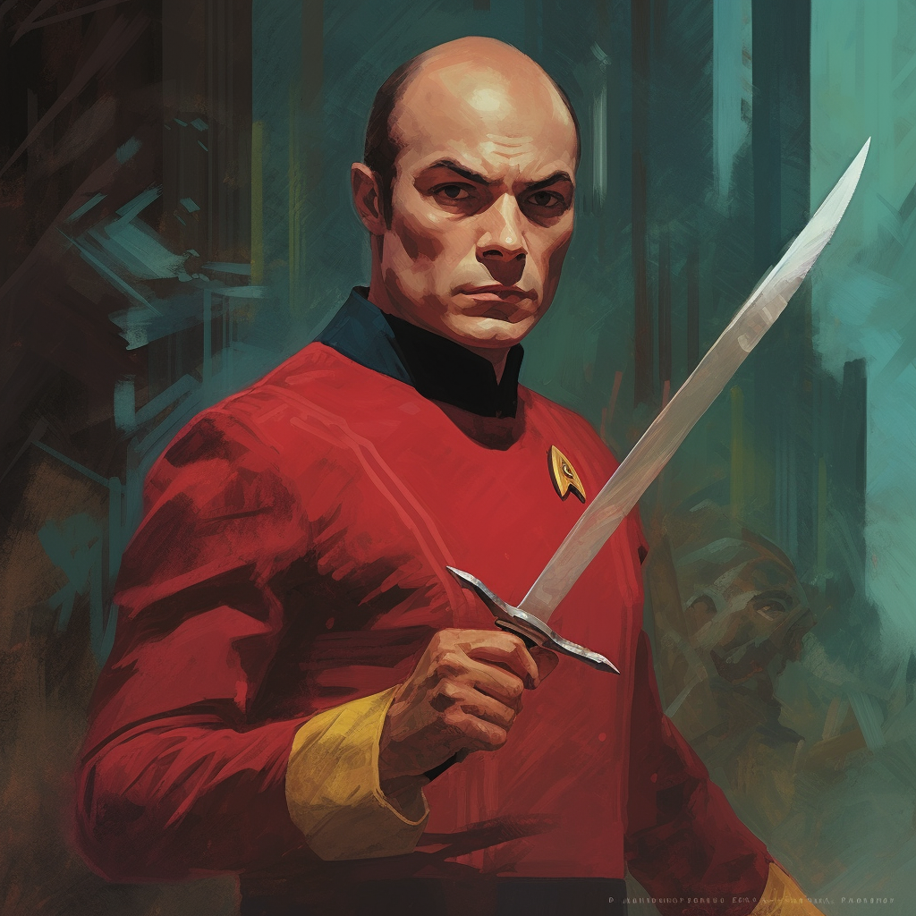 A man in a red Starfleet uniform holding up a small sword